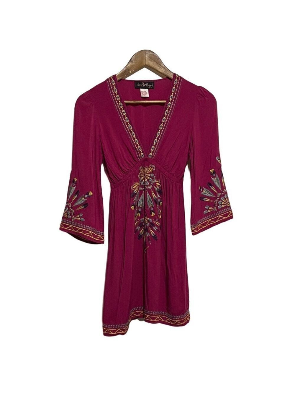 Liza Byrd  Fuchsia Embroidered Boho Mini Dress Sz Small